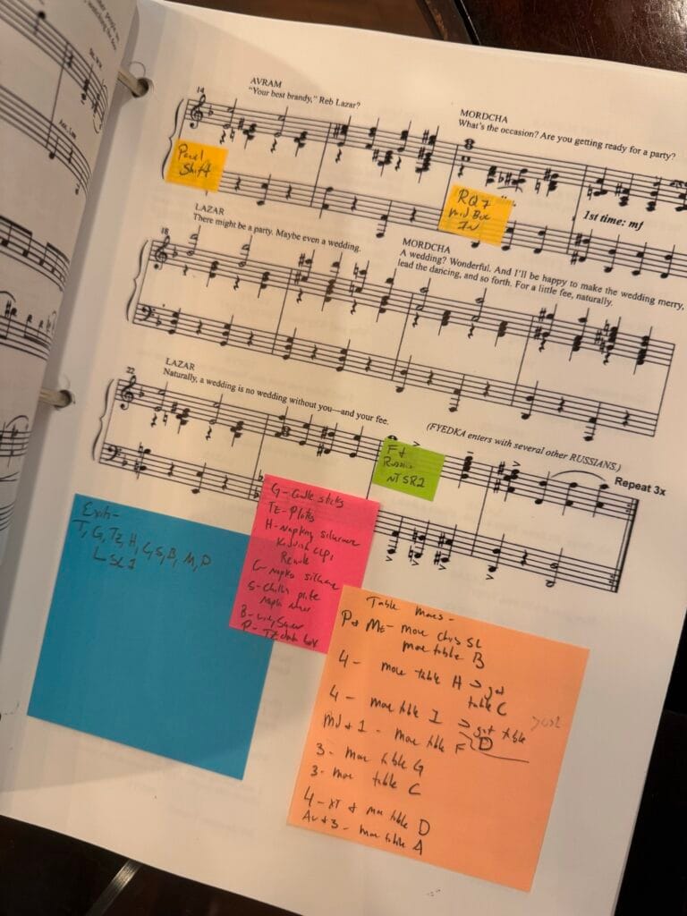 A page of Music from Fiddler with some staging information. I still have to add my "Minis" or the pages with the actual blocking written down, but getting in this information is my first step.